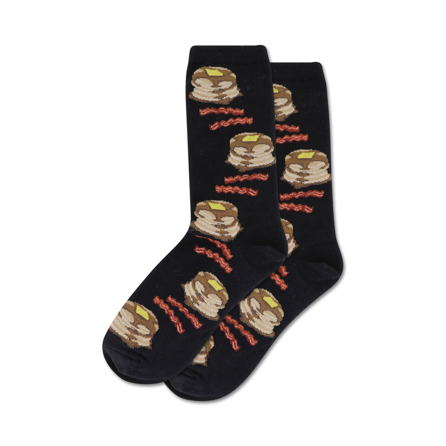 Pair of crew socks; black or grey with illustrated pancakes and bacon.