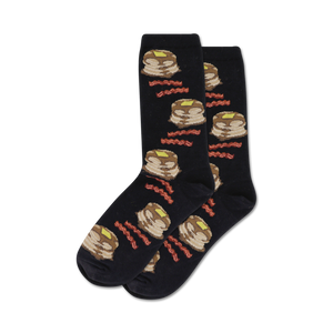 women's crew socks featuring a delicious pattern of pancakes, bacon, and butter on a black background.  