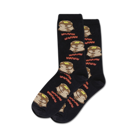 women's crew socks featuring a delicious pattern of pancakes, bacon, and butter on a black background.  