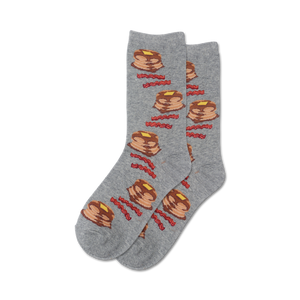 gray crew socks with pattern of pancakes, bacon, and butter.  