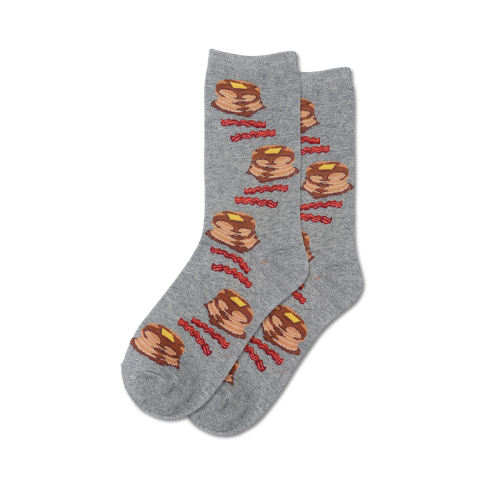 gray crew socks with pattern of pancakes, bacon, and butter.  