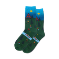 Pair of crew socks in green, blue, and red. Design features a cabin, hikers, kayakers, and a sunny sky.
