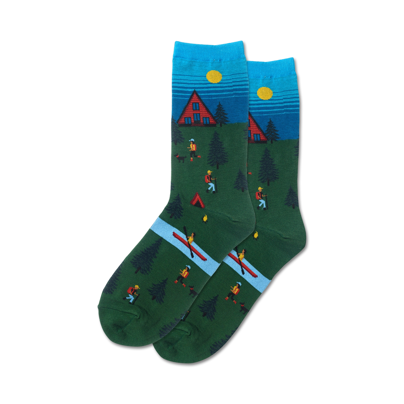 Pair of crew socks in green, blue, and red. Design features a cabin, hikers, kayakers, and a sunny sky.