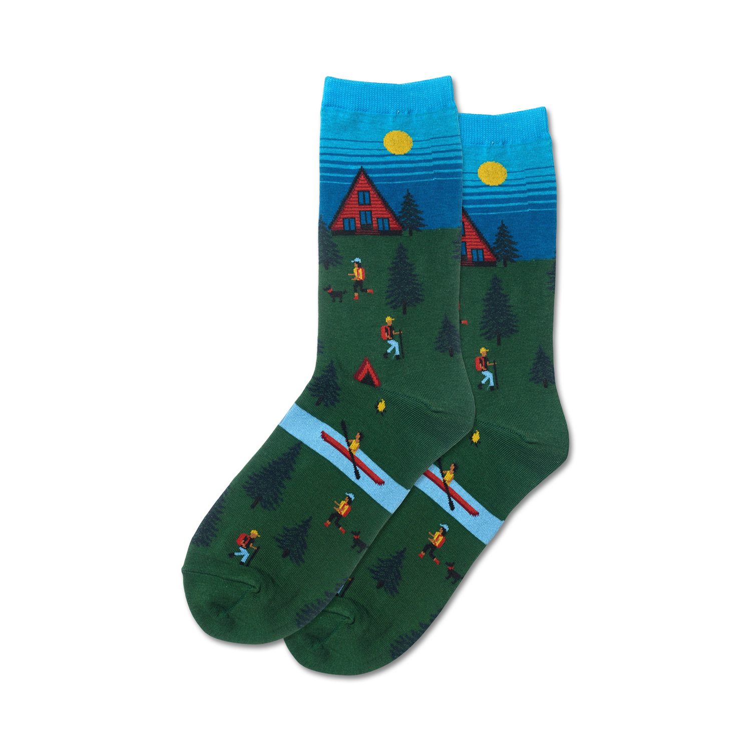 Pair of crew socks in green, blue, and red. Design features a cabin, hikers, kayakers, and a sunny sky.