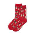 Pair of red crew socks with an all-over print of black and white cows and small metal pails. 