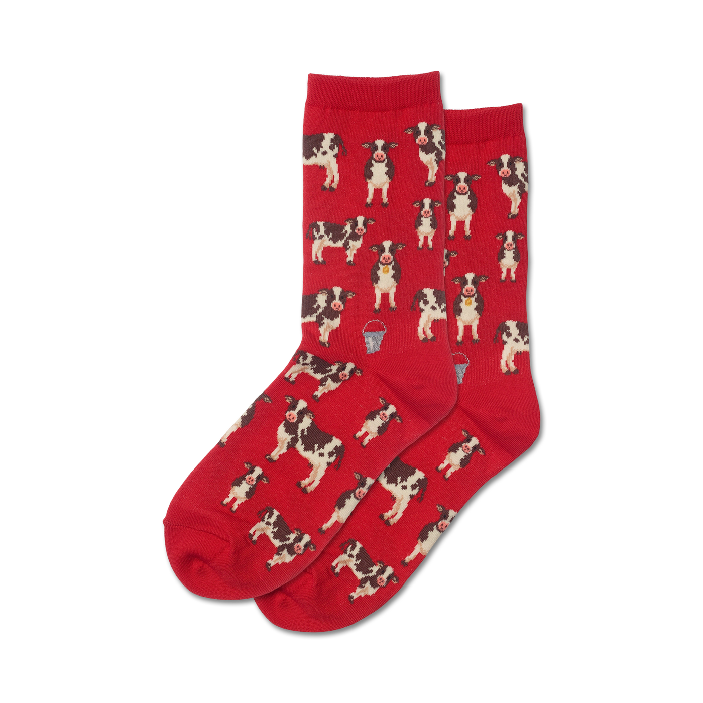 Pair of red crew socks with an all-over print of black and white cows and small metal pails. 