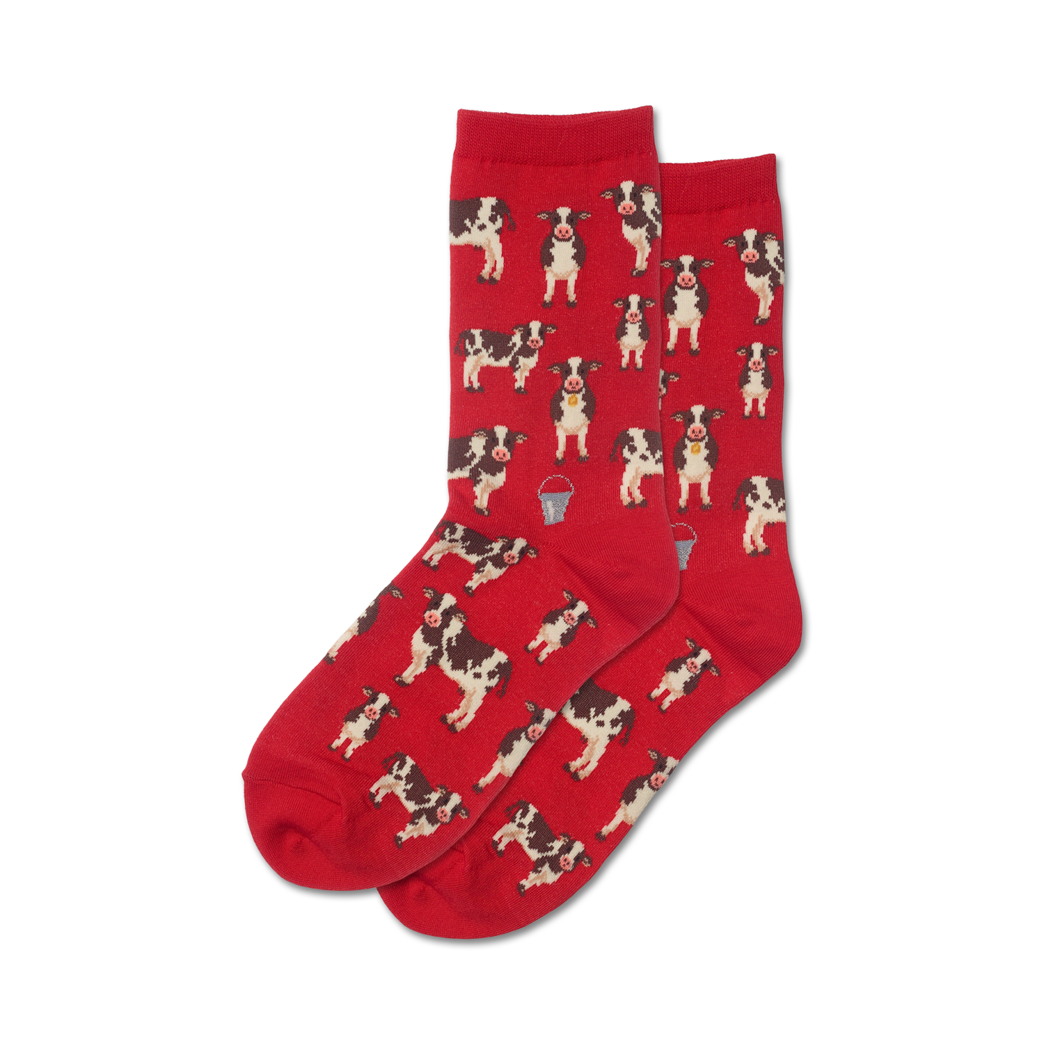 Pair of red crew socks with an all-over print of black and white cows and small metal pails. 