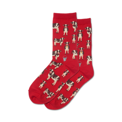 red cow herd crew socks women's with cartoon cows carrying milk buckets  