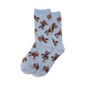 Pair of light blue crew socks with a pattern of cowboys riding brown horses. A fun, western-themed design.
