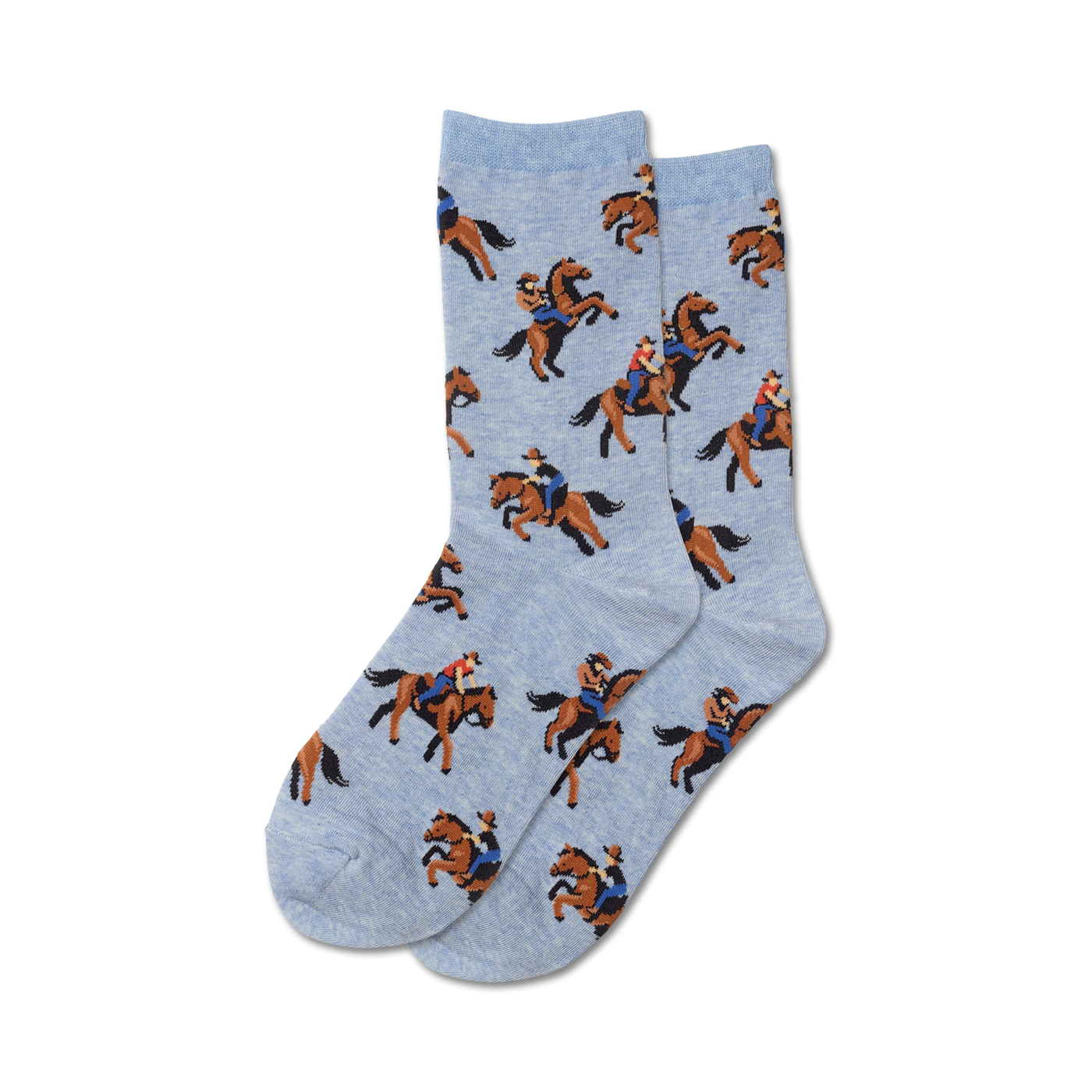Pair of light blue crew socks with a pattern of cowboys riding brown horses. A fun, western-themed design.