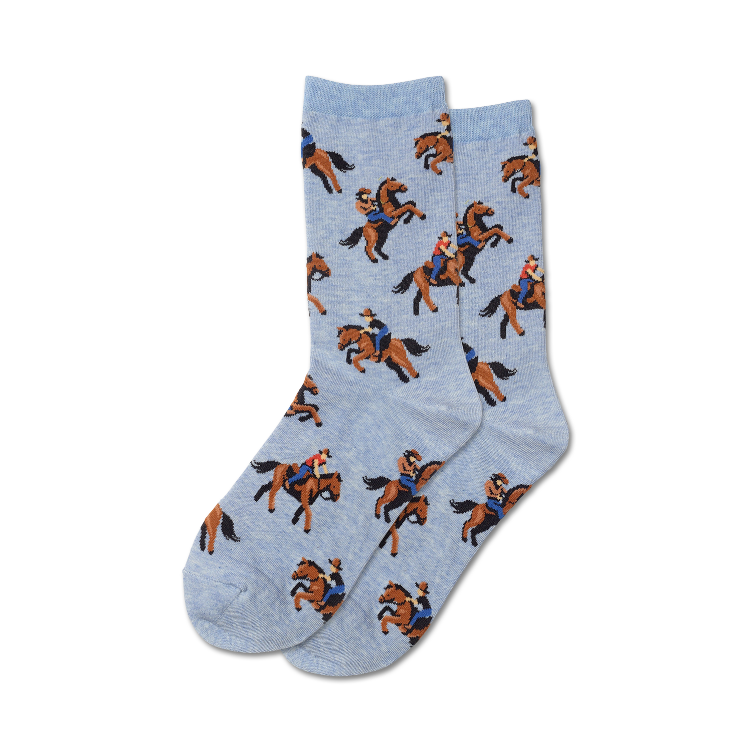 Pair of light blue crew socks with a pattern of cowboys riding brown horses. A fun, western-themed design.