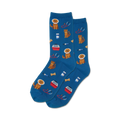 Pair of teal blue crew socks with a fun pattern of cats and dogs in medical imagery: stethoscopes, pet carriers, and syringes.