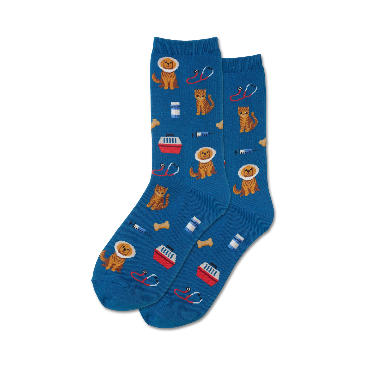 Pair of teal blue crew socks with a fun pattern of cats and dogs in medical imagery: stethoscopes, pet carriers, and syringes.