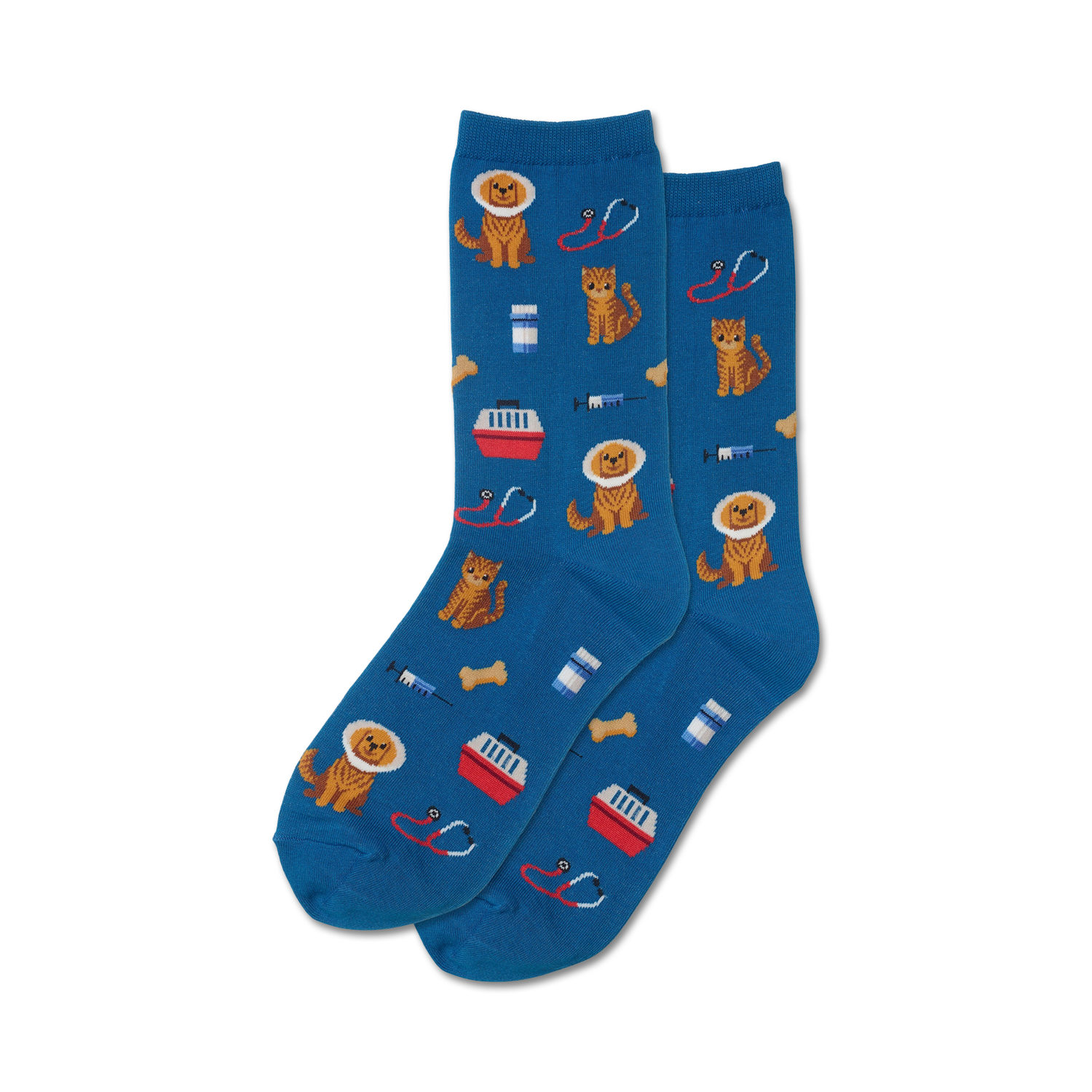 Pair of teal blue crew socks with a fun pattern of cats and dogs in medical imagery: stethoscopes, pet carriers, and syringes.