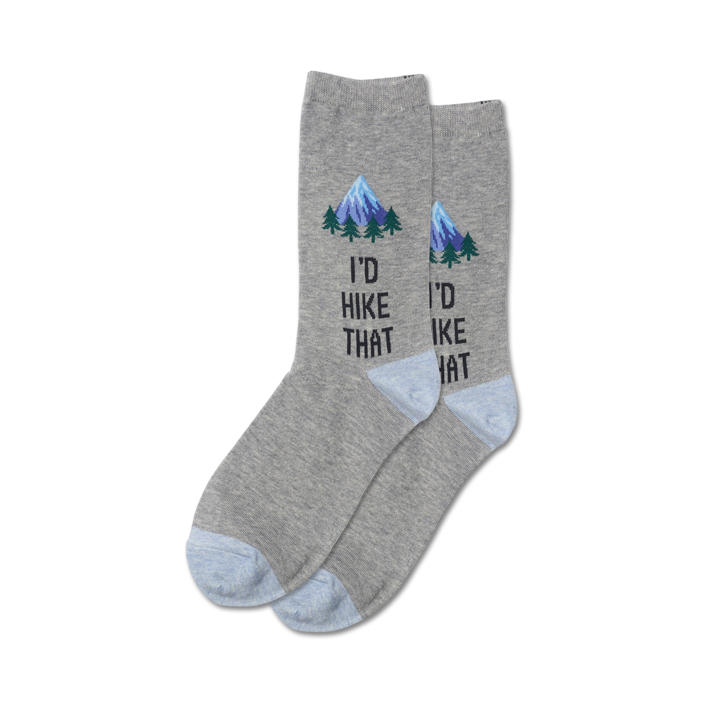 Pair of gray crew socks with a light blue heel and toe.  A small mountain scene and 'I'd Hike That' are embroidered on the socks.