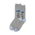 Pair of gray crew socks with a light blue heel and toe.  A small mountain scene and 'I'd Hike That' are embroidered on the socks.