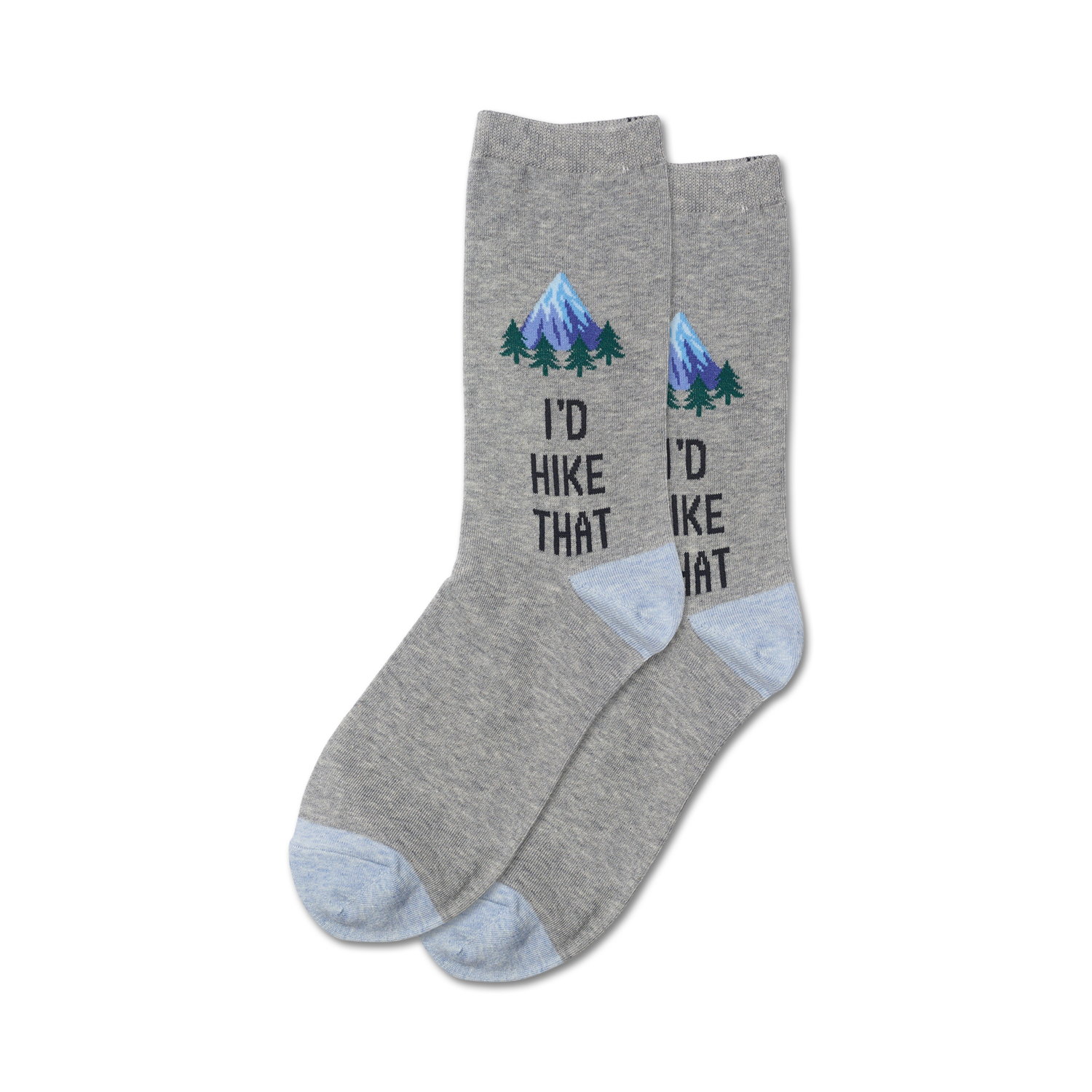 Pair of gray crew socks with a light blue heel and toe.  A small mountain scene and 'I'd Hike That' are embroidered on the socks.
