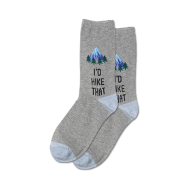 gray crew socks for women with blue pine trees, green forest, and black mountain pattern.  