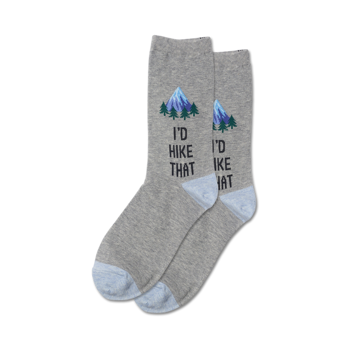 gray crew socks for women with blue pine trees, green forest, and black mountain pattern.   }}
