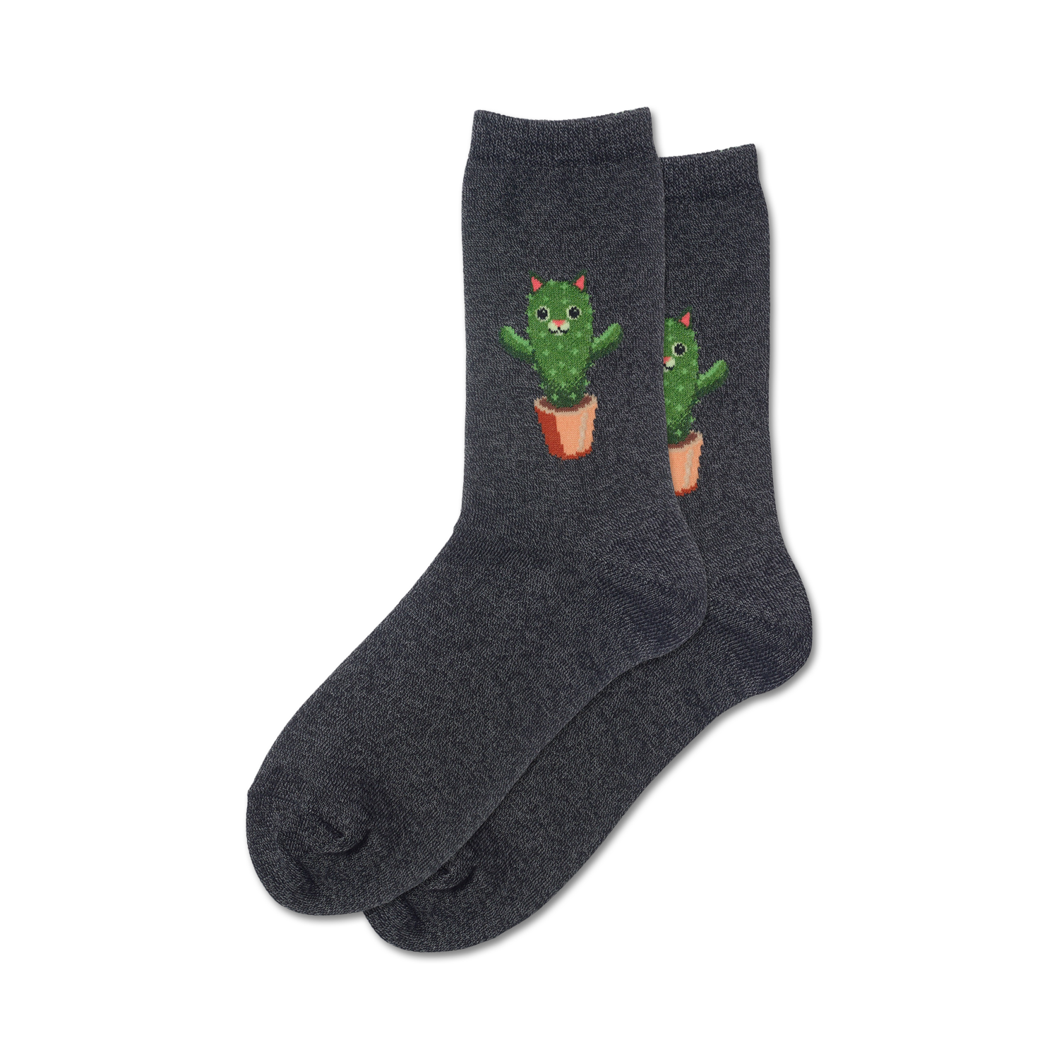 Pair of dark grey crew socks featuring embroidered green cat-cacti in orange pots. Fun and quirky design.