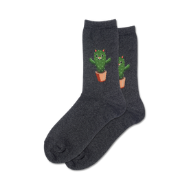 grey crew socks for women with a quirky pattern of cartoon cats wearing pots as hats with cactuses growing from them.  