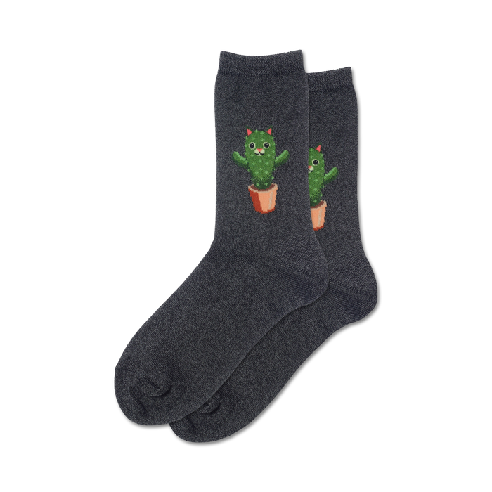 grey crew socks for women with a quirky pattern of cartoon cats wearing pots as hats with cactuses growing from them.   }}