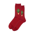 Pair of red socks featuring a vibrant green cat cactus in a brown pot design.
