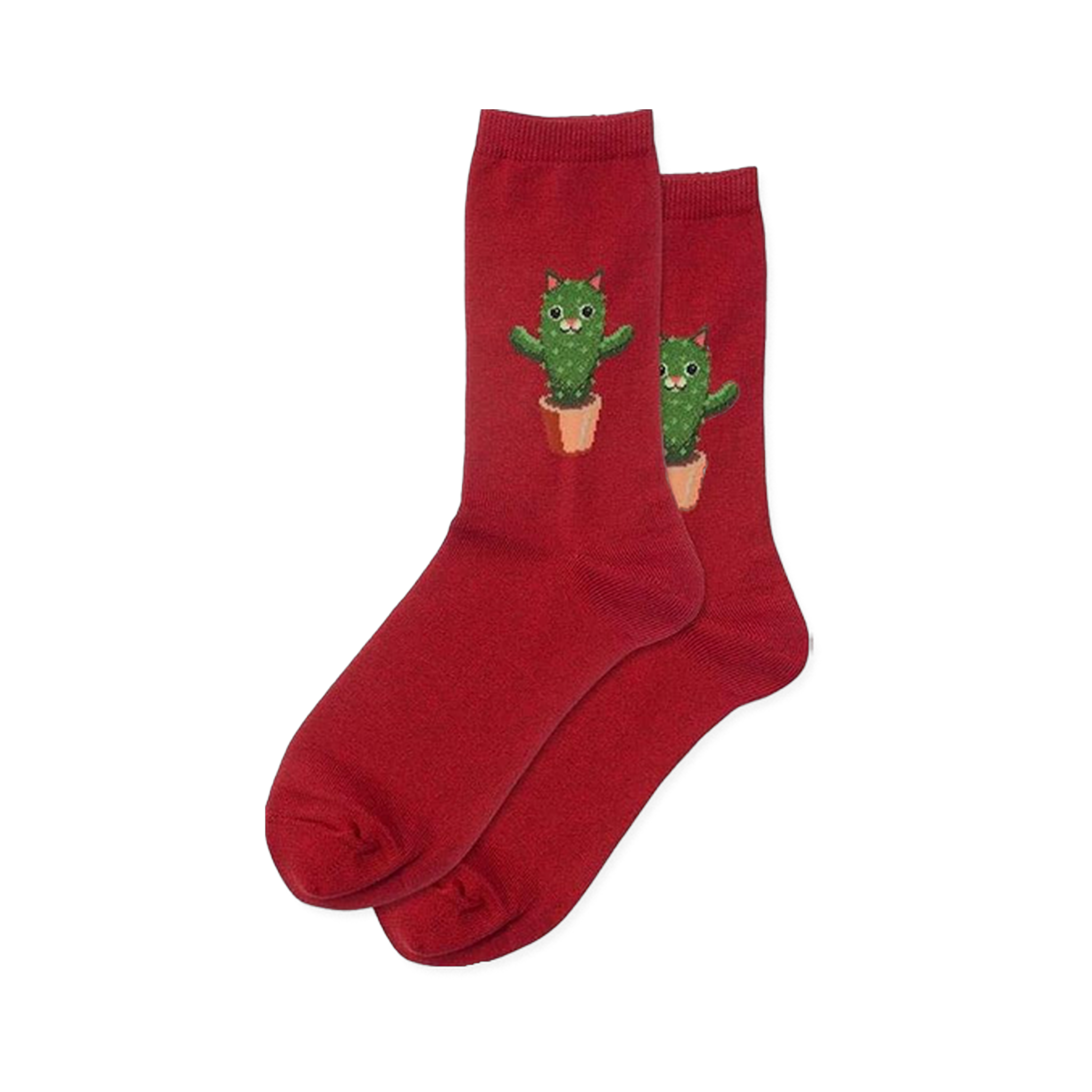 Pair of red socks featuring a vibrant green cat cactus in a brown pot design.