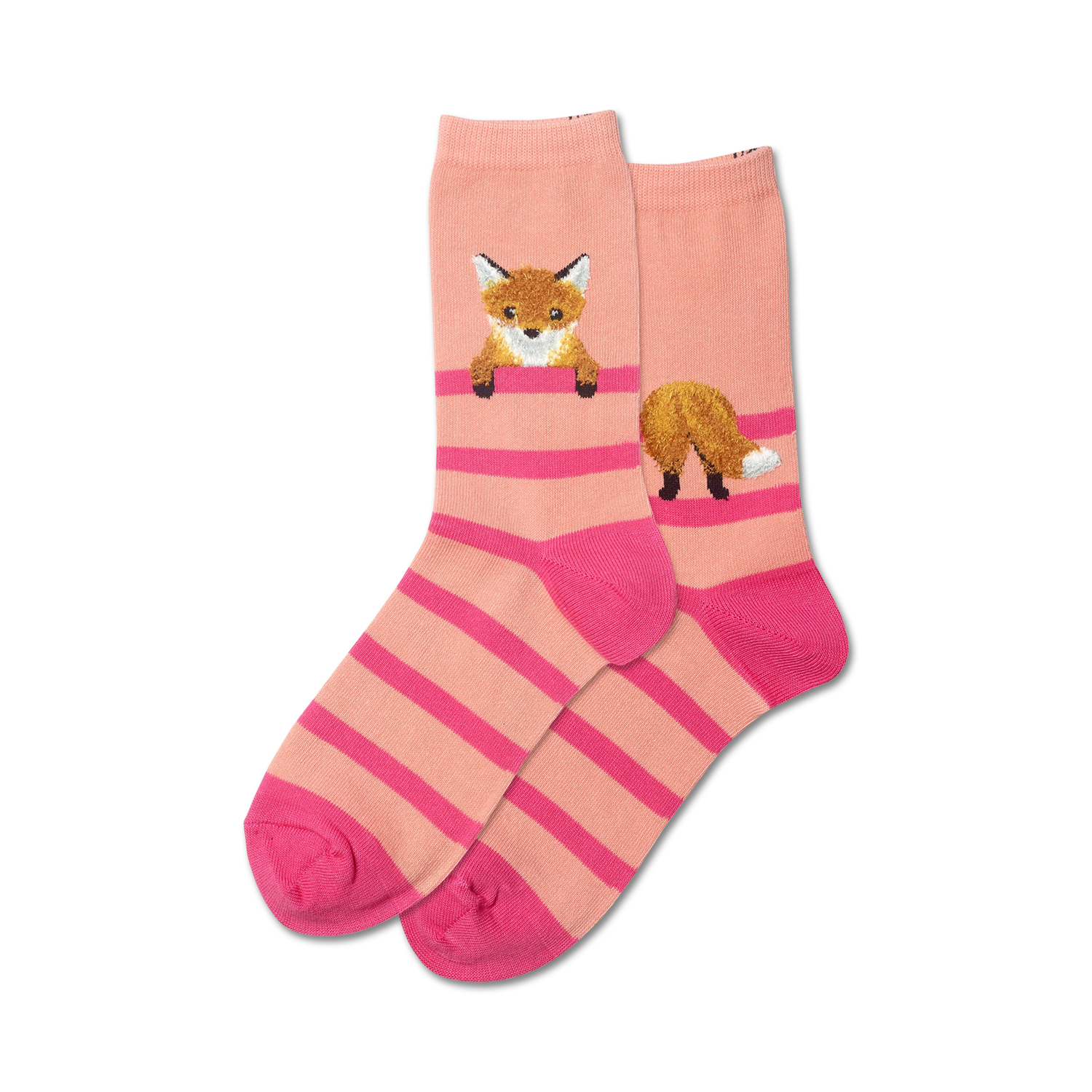 Pair of pink and hot pink striped crew socks with a cute fox peeking over the top and its tail playfully visible at the bottom.