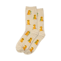 A pair of beige crew socks with a repeating pattern of small, yellow prairie dogs eating green sprigs. 