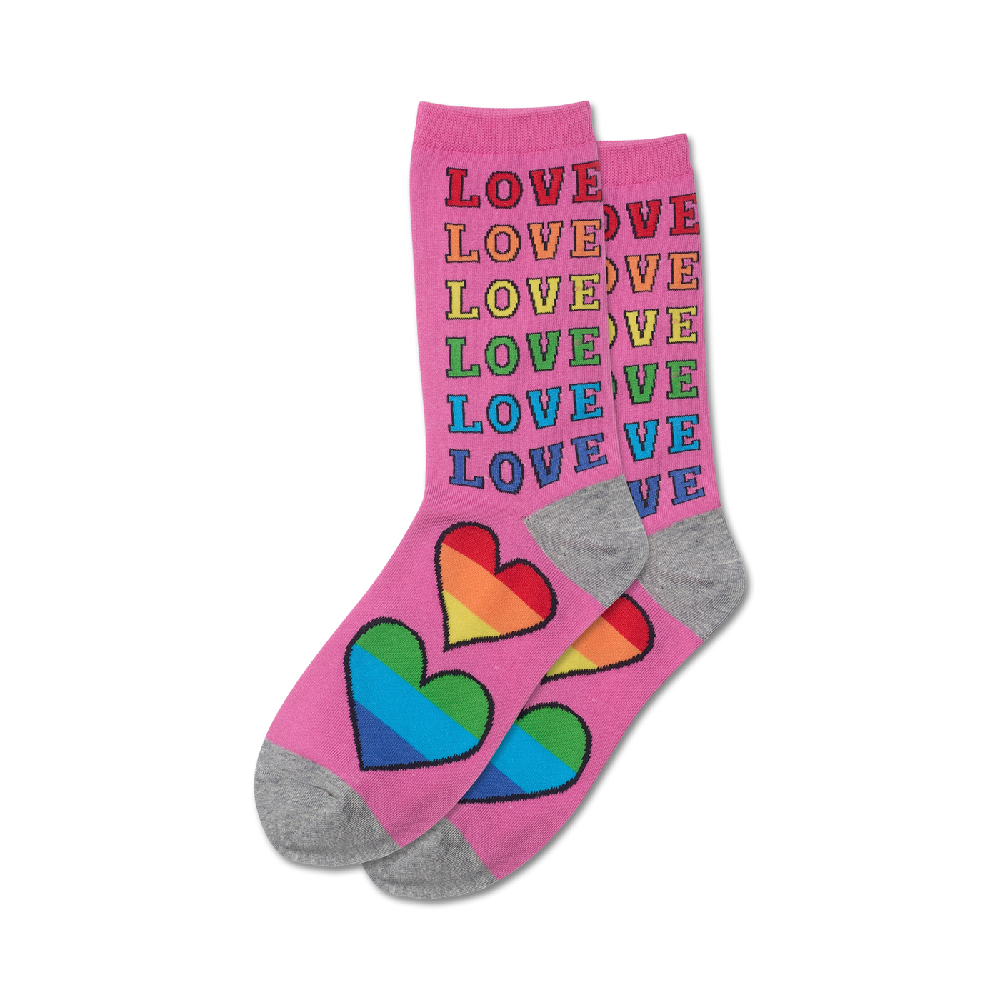 A pair of crew socks in pink with rainbow hearts and the word 'LOVE' in rainbow colors repeated vertically.