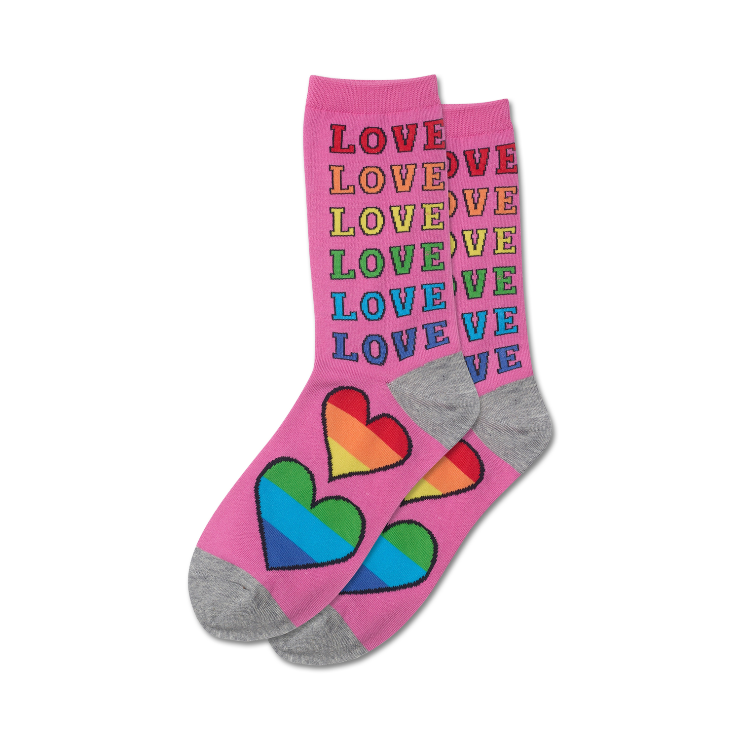 A pair of crew socks in pink with rainbow hearts and the word 'LOVE' in rainbow colors repeated vertically.