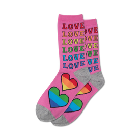 women's crew cut rainbow hearts and "love" patterned pride socks.   