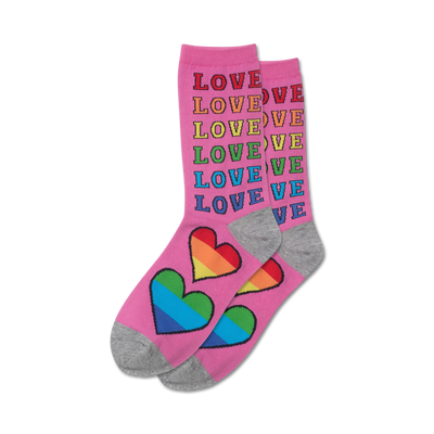 women's crew cut rainbow hearts and "love" patterned pride socks.   