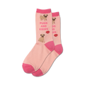 Pair of pink crew socks featuring pugs and pink lips.  The socks have a hot pink cuff and are adorned with a repeating pattern of pugs and kisses.