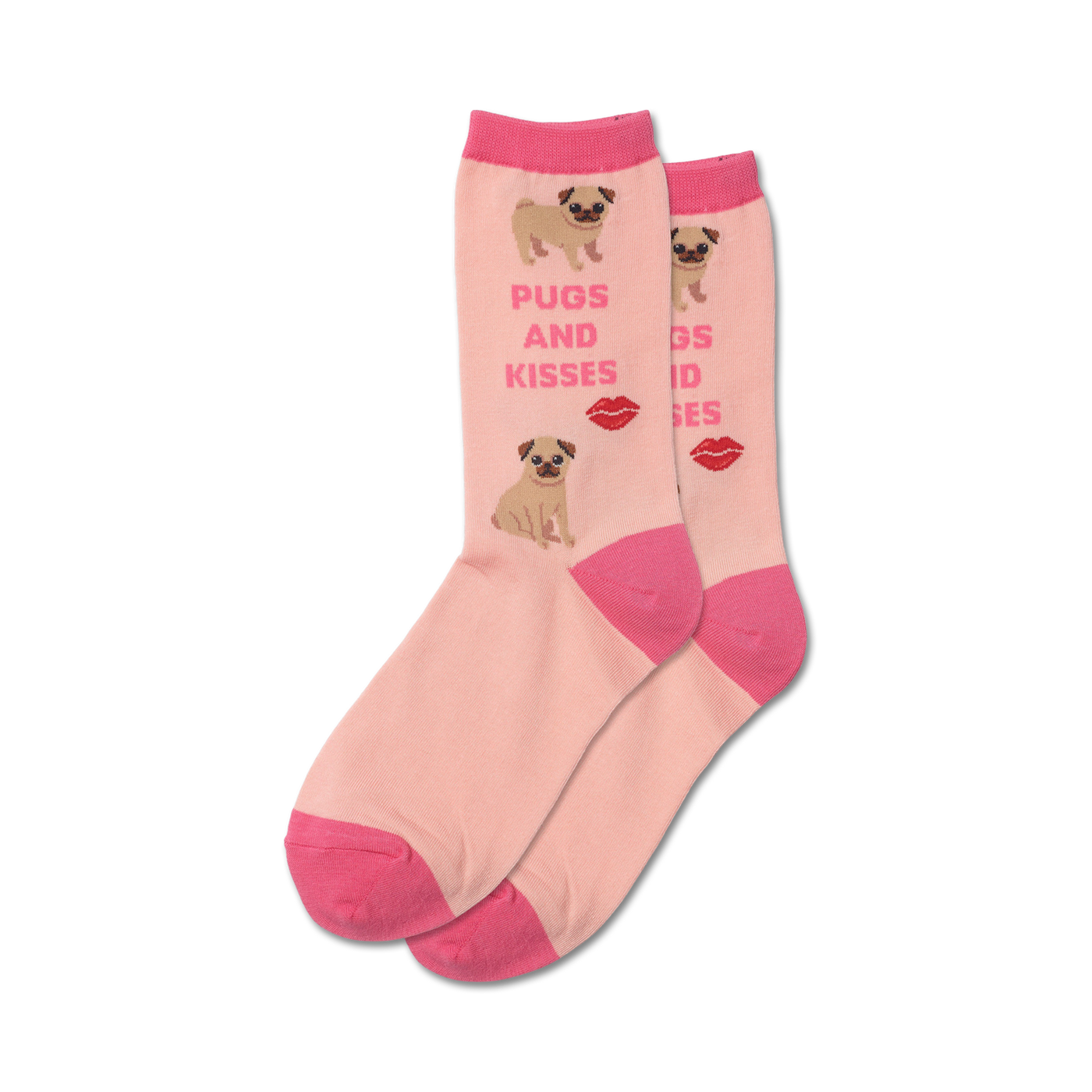 Pair of pink crew socks featuring pugs and pink lips.  The socks have a hot pink cuff and are adorned with a repeating pattern of pugs and kisses.