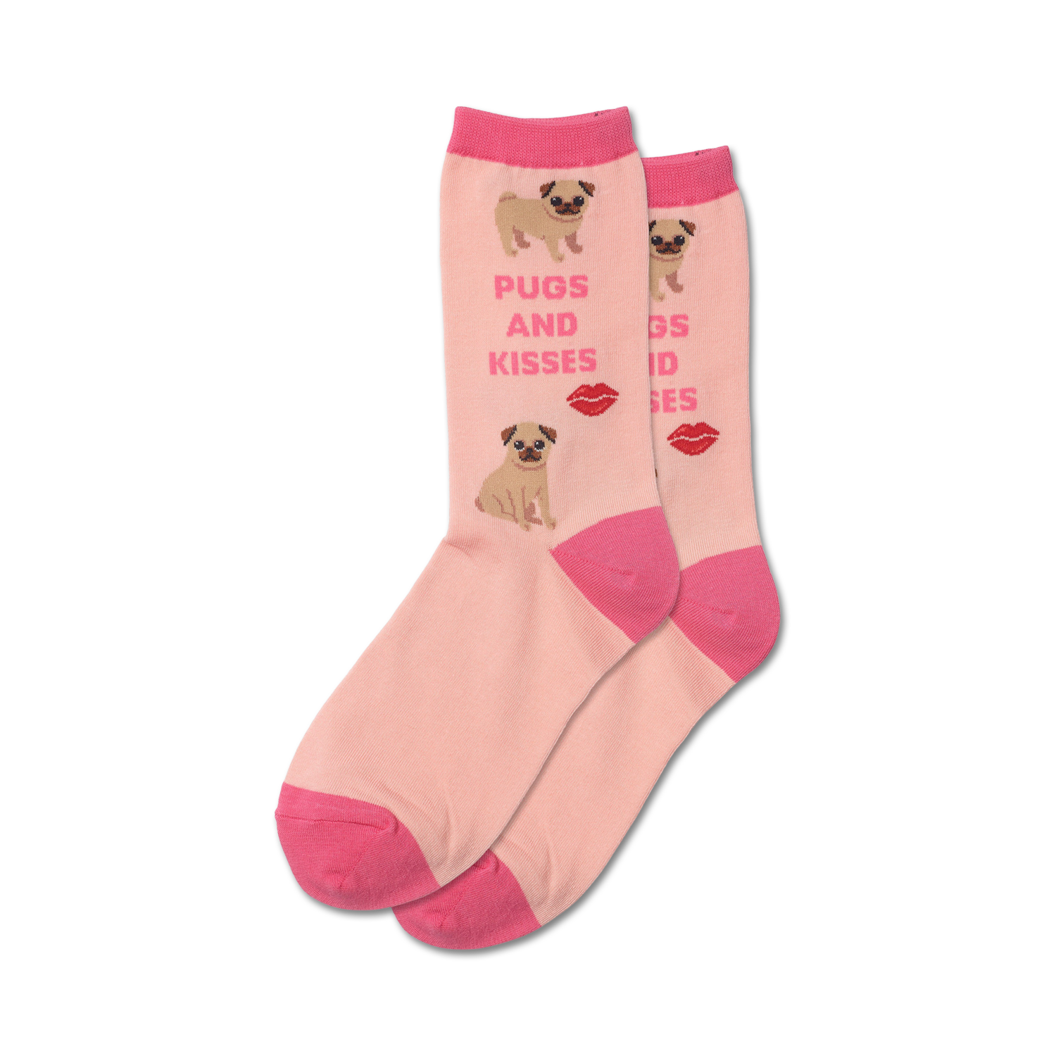 Pair of pink crew socks featuring pugs and pink lips.  The socks have a hot pink cuff and are adorned with a repeating pattern of pugs and kisses.