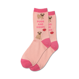 pink crew socks with a pattern of cartoon pugs wearing lipstick and a red heart shaped nose on a light pink background.   