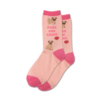 pink crew socks with a pattern of cartoon pugs wearing lipstick and a red heart shaped nose on a light pink background.   