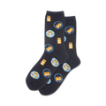 Pair of crew socks; dark gray with a repeating pattern of hamsters running in blue exercise wheels.