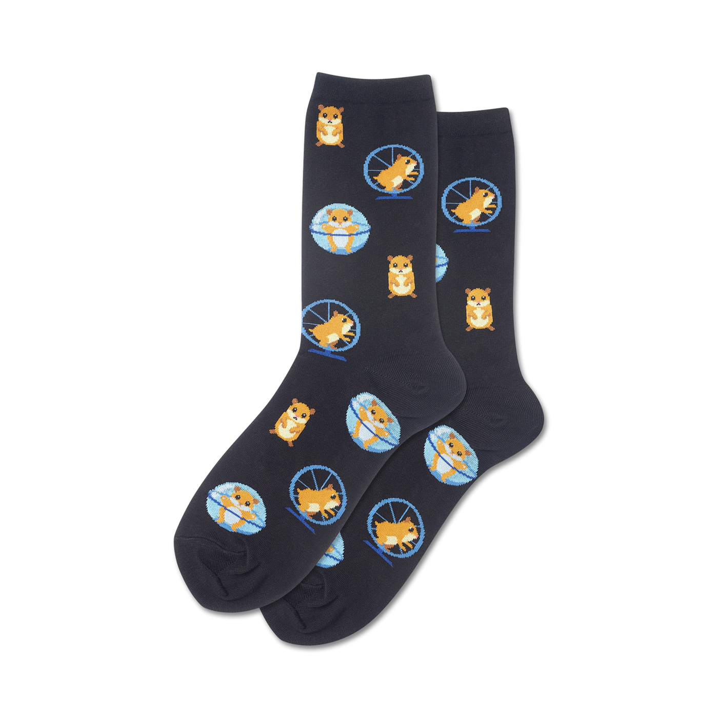 Pair of crew socks; dark gray with a repeating pattern of hamsters running in blue exercise wheels.