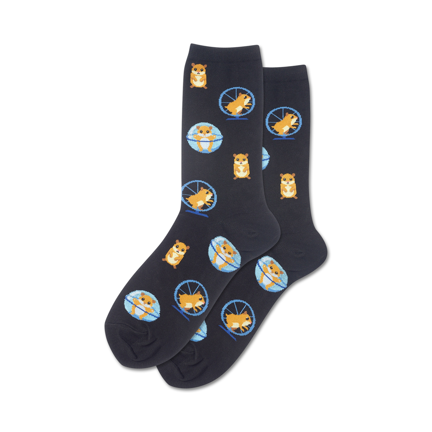 Pair of crew socks; dark gray with a repeating pattern of hamsters running in blue exercise wheels.
