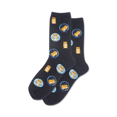 black, crew socks for women with allover pattern of cartoon hamsters running in blue hamster wheels.  