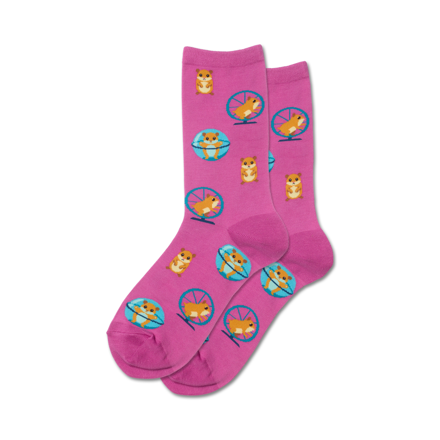 Lifestyle shot showing the pink Hamster Wheel socks on a model's feet.