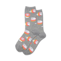 Pair of crew socks, grey and teal color options, featuring white cats on pink donuts.