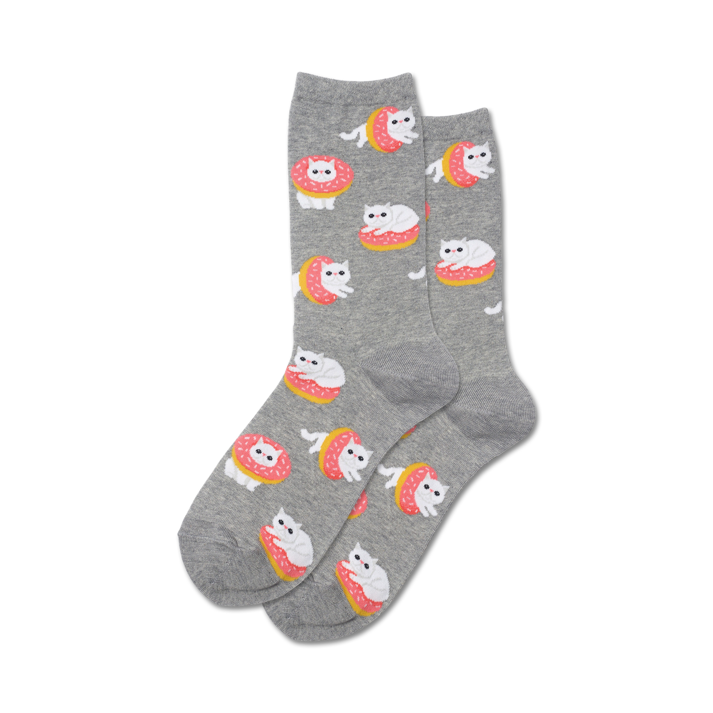 Pair of crew socks, grey and teal color options, featuring white cats on pink donuts.