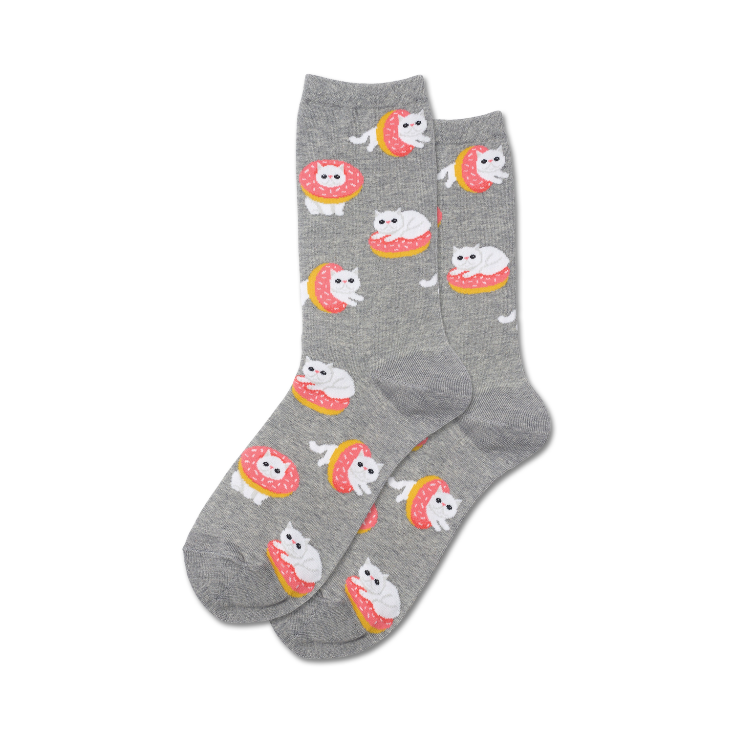 Pair of crew socks, grey and teal color options, featuring white cats on pink donuts.
