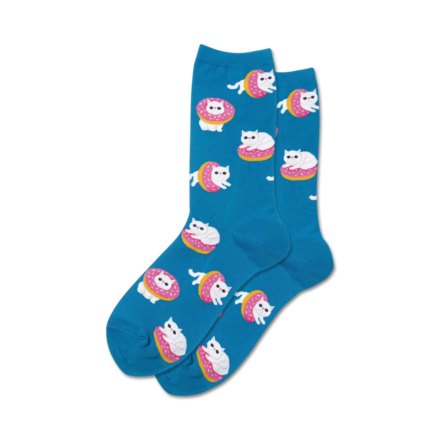 Lifestyle shot of the teal Donut Cat socks on a model's feet