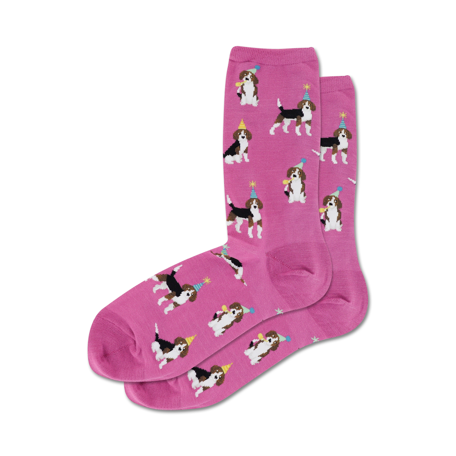 Pair of pink crew socks with a pattern of beagles wearing party hats. 