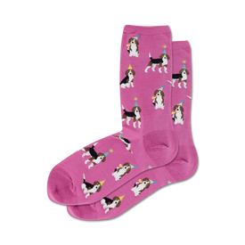 pink novelty crew socks with cartoon beagles wearing party hats and blowing party horns.  